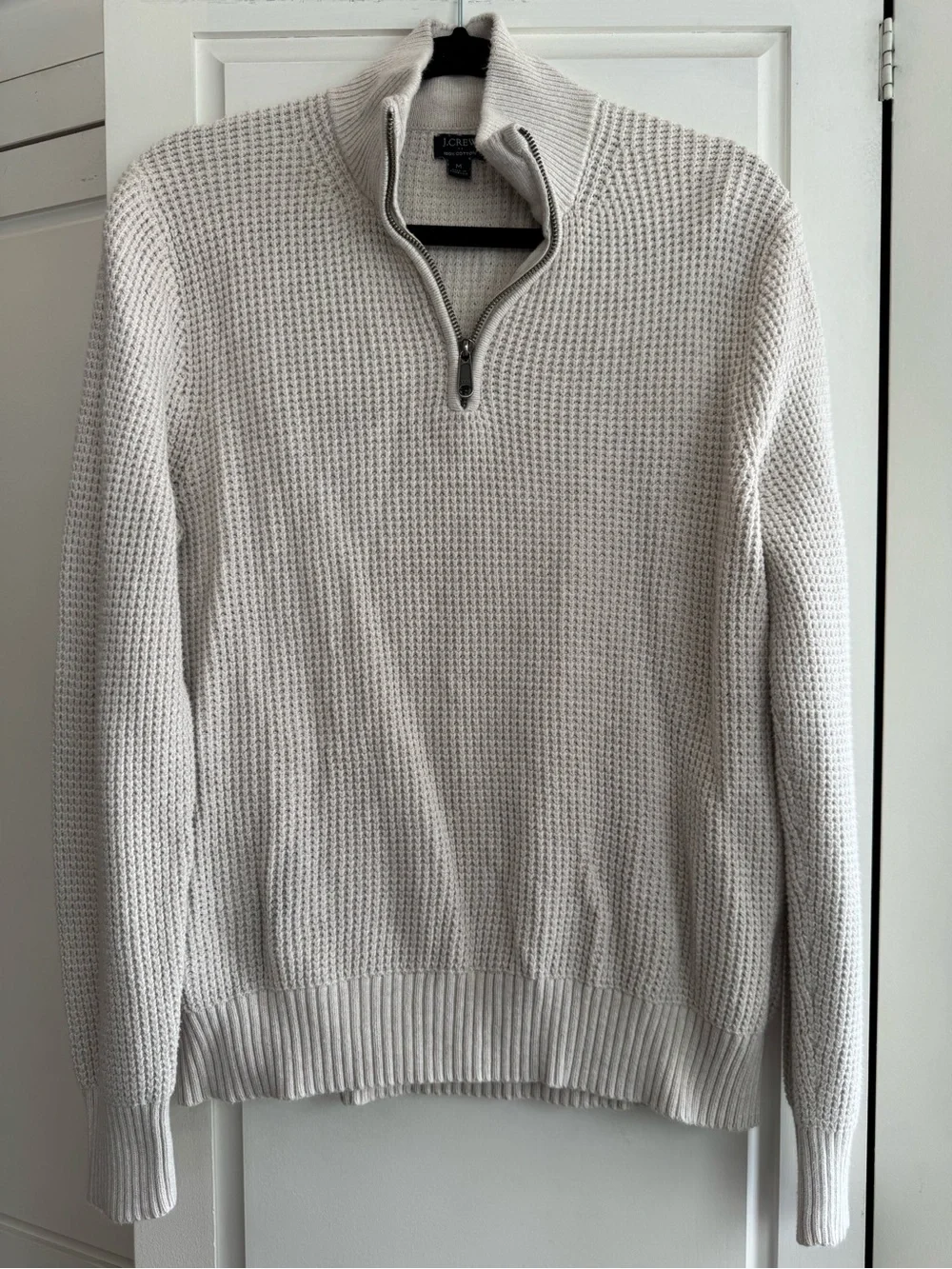 100% Cotton J. Crew Men's Waffle-Knit Quarter-Zip Sweater in Light Cream